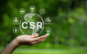 Corporate social responsibility with hand and green icons
